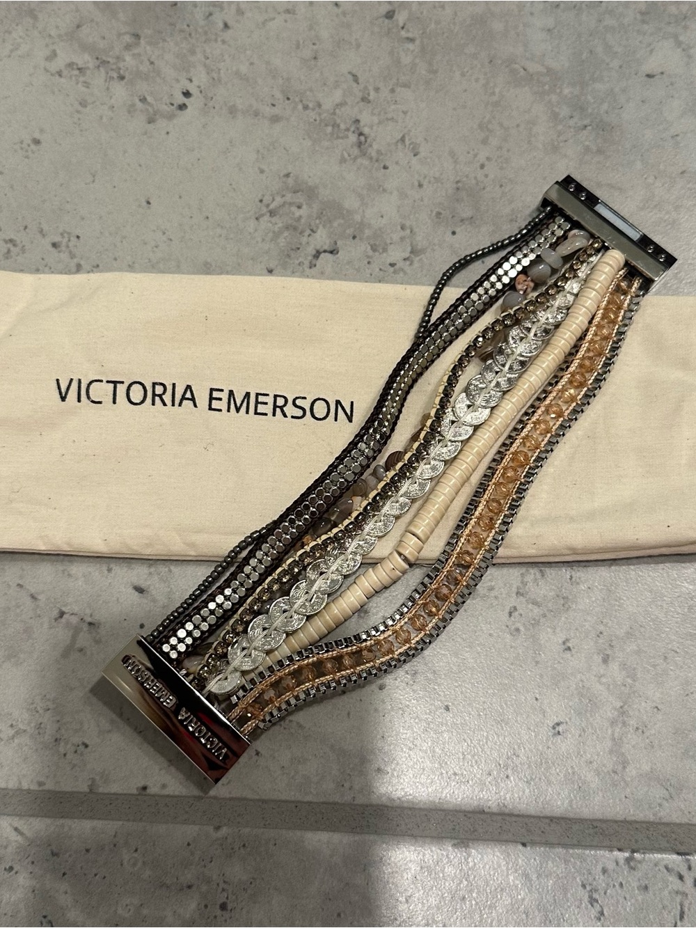 Victoria Emerson Metallic, Cream & Brown Multi-Strand Magnetic Cuff Bracelet